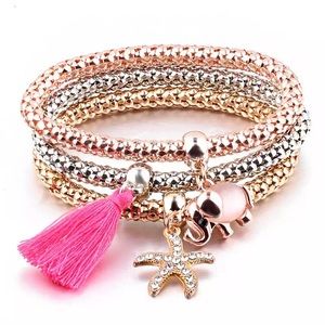Mixed metal charm stretch bracelet set